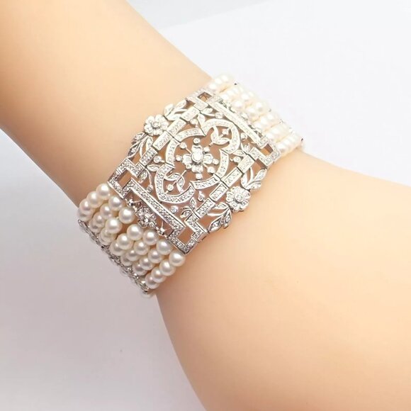 Vintage Estate 18k White Gold Diamond 7 Row 4.5mm Pearl Bracelet - Picture 11 of 15